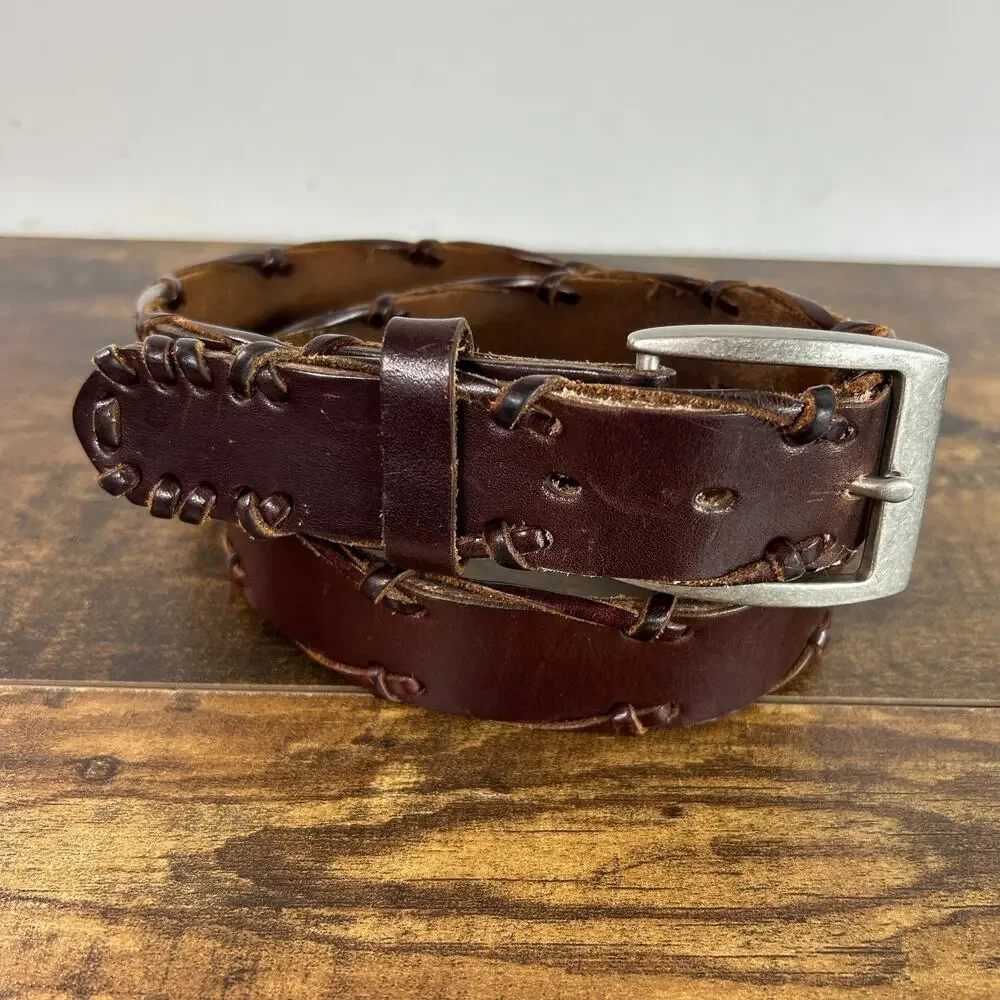 REI Brown Leather Belt Solid Silver Buckle Mens 36 Distressed Wrap Braid Detail